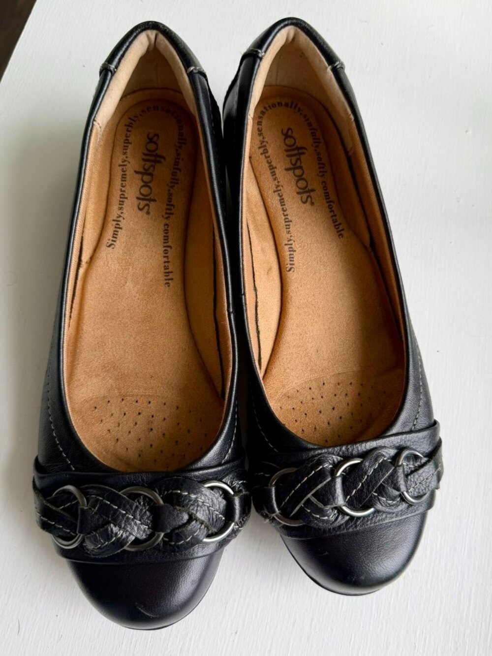SoftSpots Black Leather Comfort Flats – Braided Leather/Silver Accent – Size 7M - Picture 4 of 15